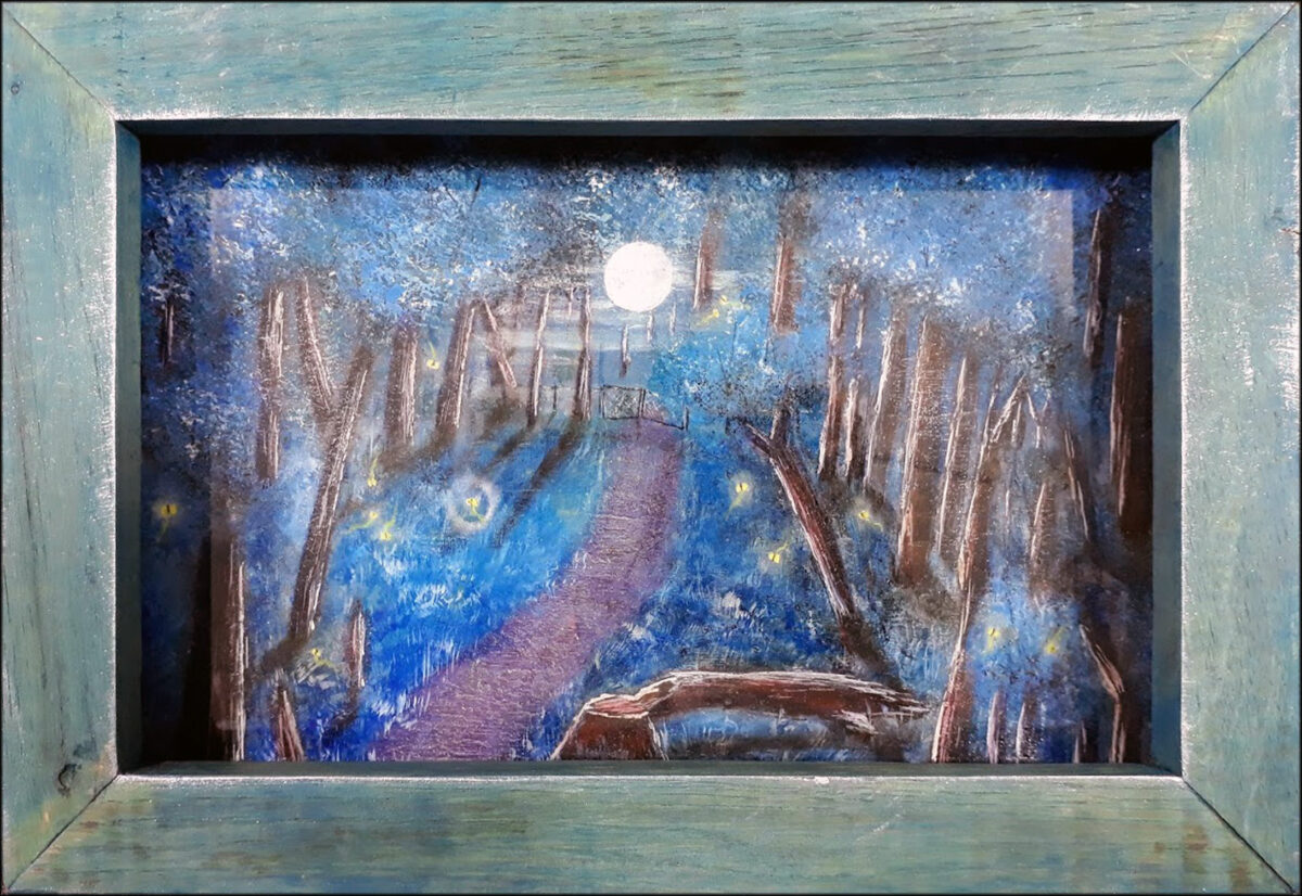 #151 "Halo" Acrylique sur carton, résine epoxy, Leds et bois. 21 x 30,5 cm