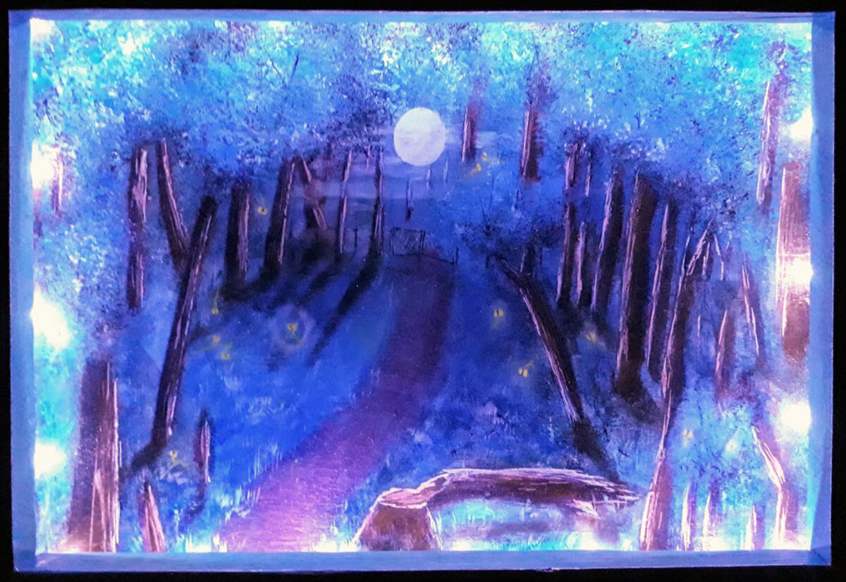 #151 "Halo" Acrylique sur carton, résine epoxy, Leds et bois. 21 x 30,5 cm